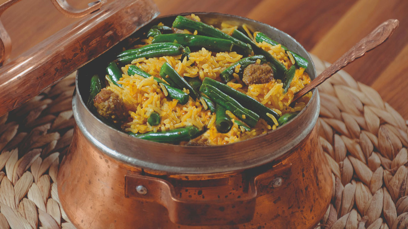 rice with green beans and meatballs